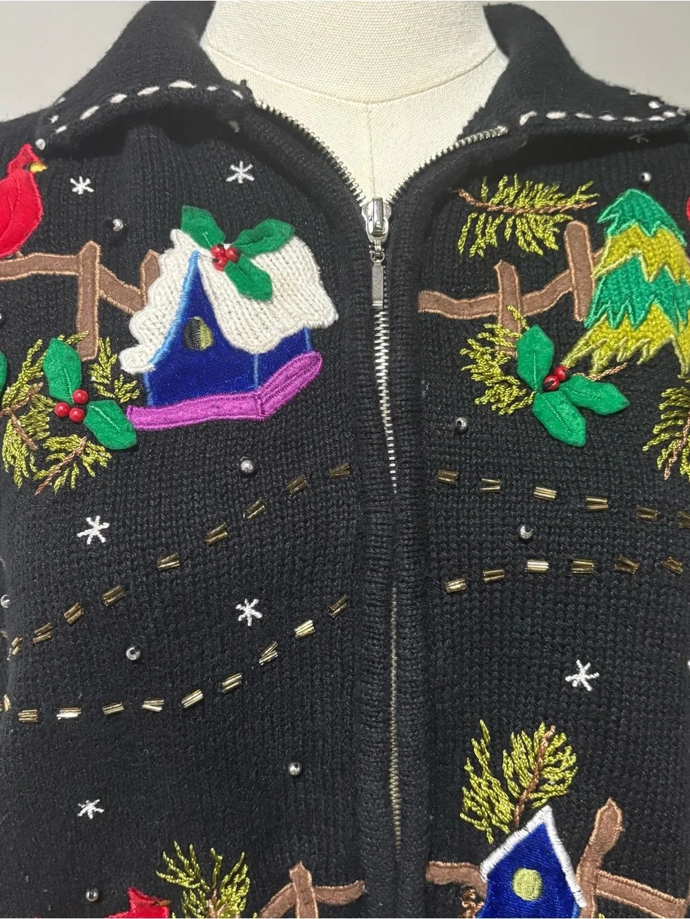 VTG Ugly Christmas Sweater Vest Tree Zip Cardinals Black Beaded Holiday Sz XL